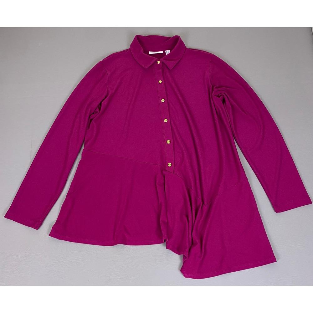 Susan Graver Tunic Top Women's XL Magenta Purple Asymmetrical Peplum Button Up